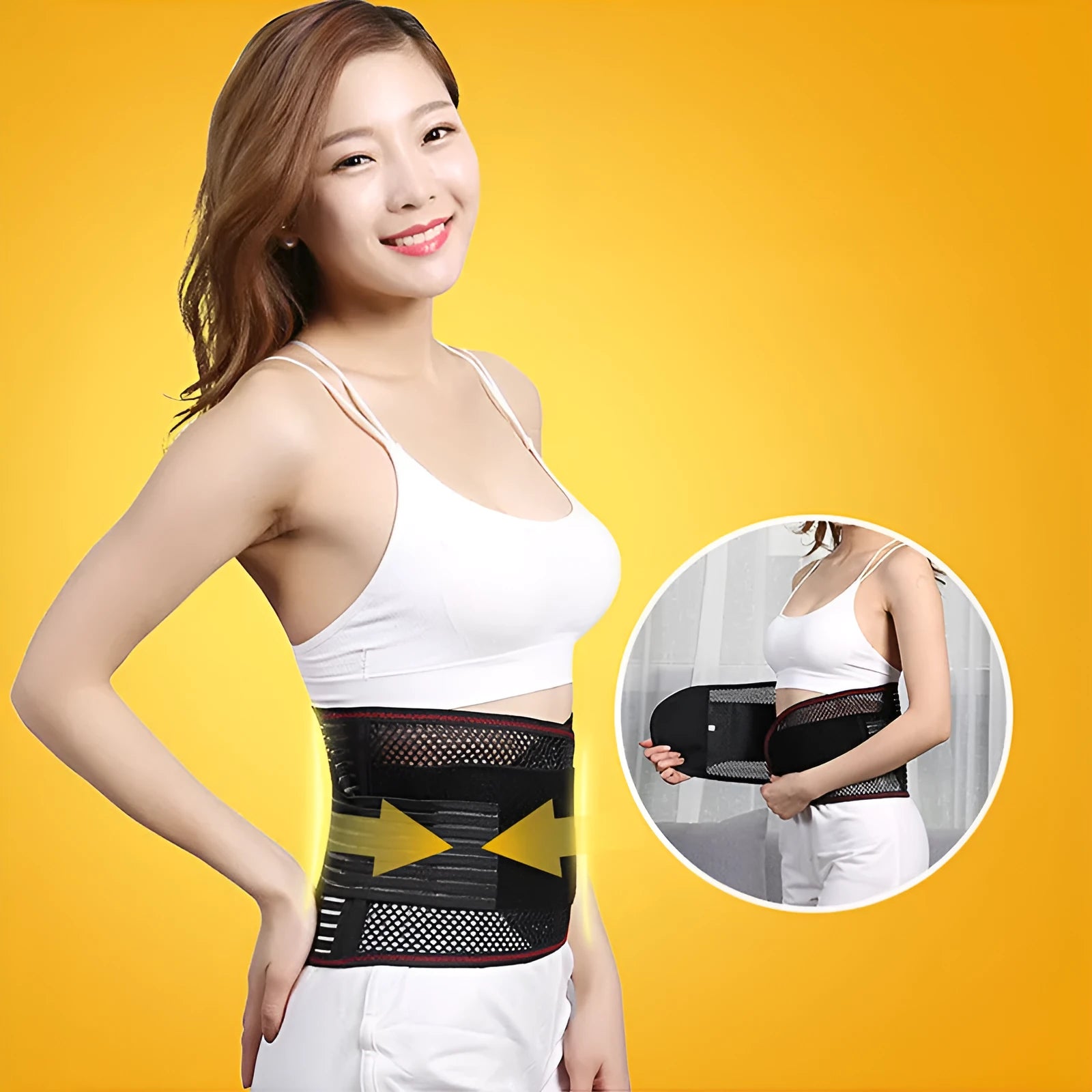 Black sports waist support belt with steel plate for lumbar decompression during fitness and sports.