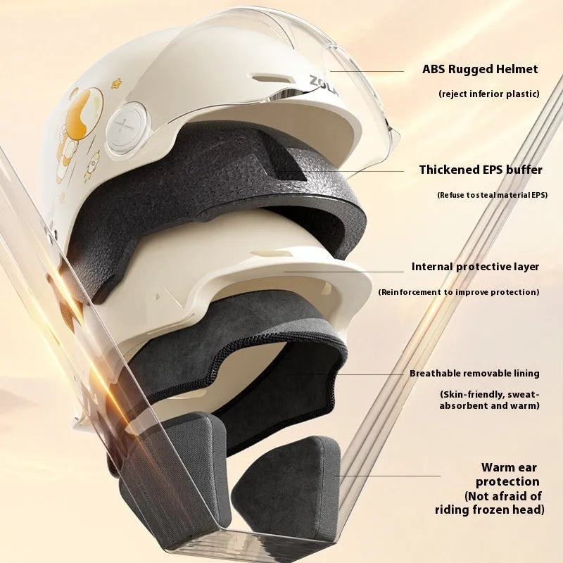 Khaki electric motorcycle half helmet with integrated glasses showing ABS construction and free size fit