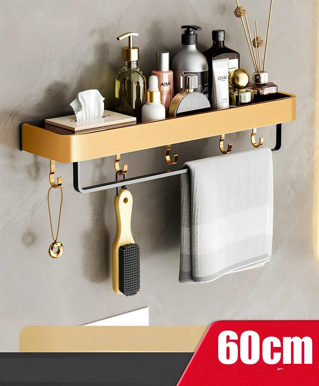 Modern space aluminum perforated towel storage rack, 40cm length with hook, wall-mounted for bathroom drying