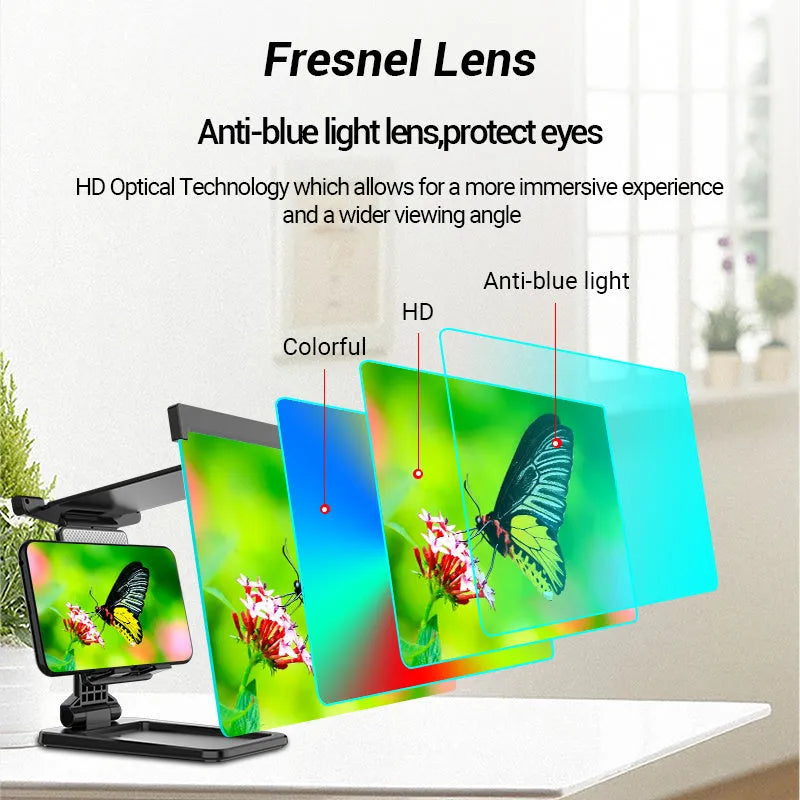 Black mobile phone screen amplifier with detachable holder, magnifying to 12 inches, folded for portability