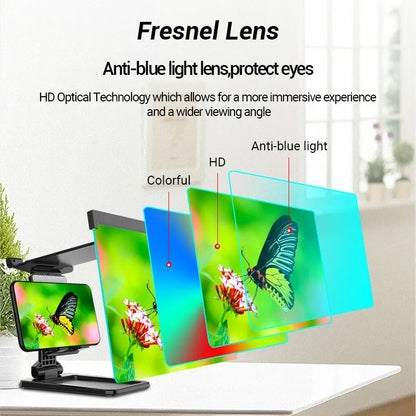 Black mobile phone screen amplifier with detachable holder, magnifying to 12 inches, folded for portability