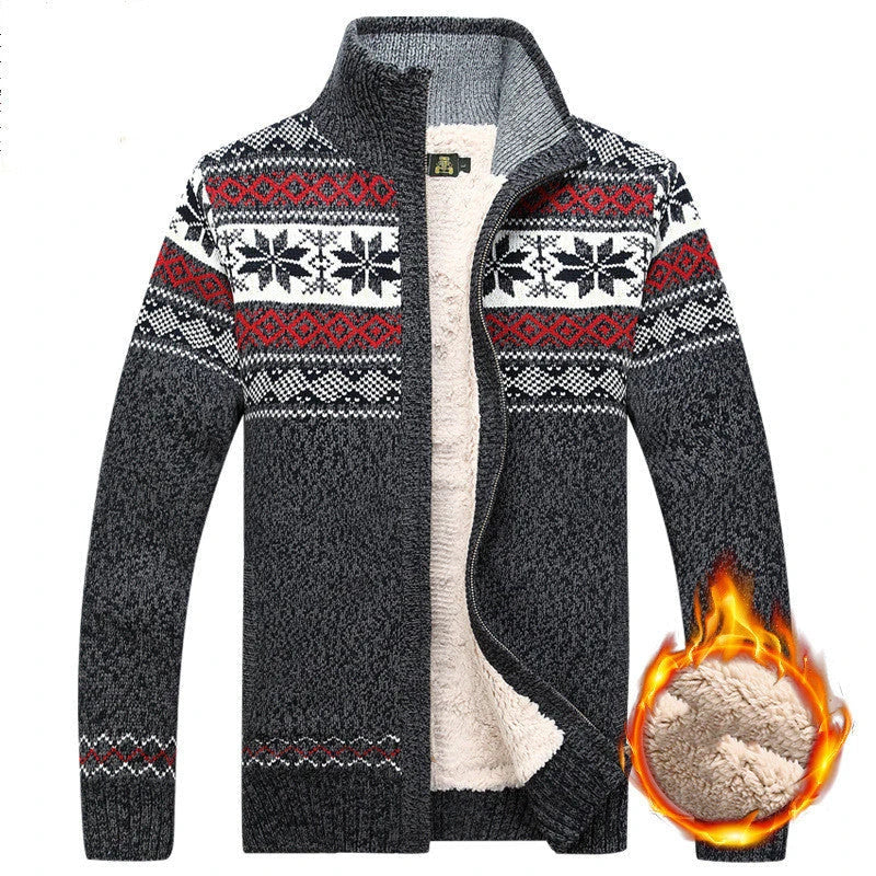 Cozy and stylish men's velvet cardigan sweater in blue, white, red, and grey colors