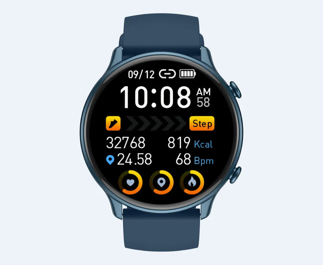 Round touch screen smart sports watch with silicone strap, showing heart rate and sleep monitoring display.