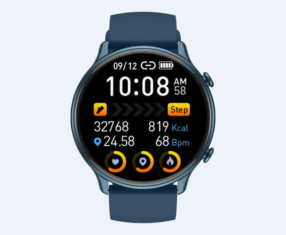 Round touch screen smart sports watch with silicone strap, showing heart rate and sleep monitoring display.