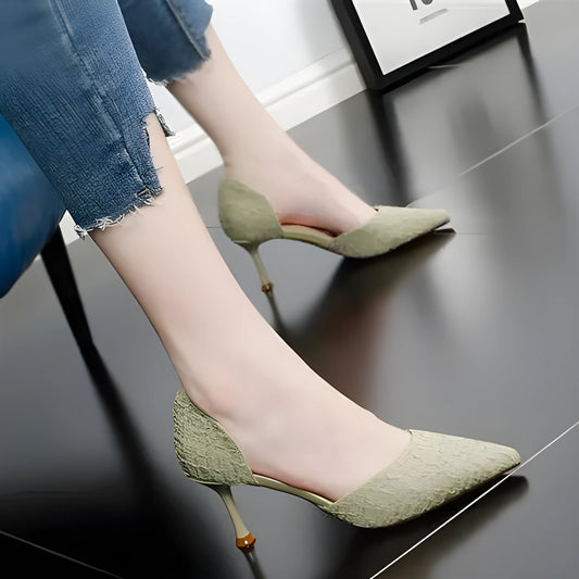 Black pointed-toe stiletto high heel shoes with a 6-8cm heel on a plain background.