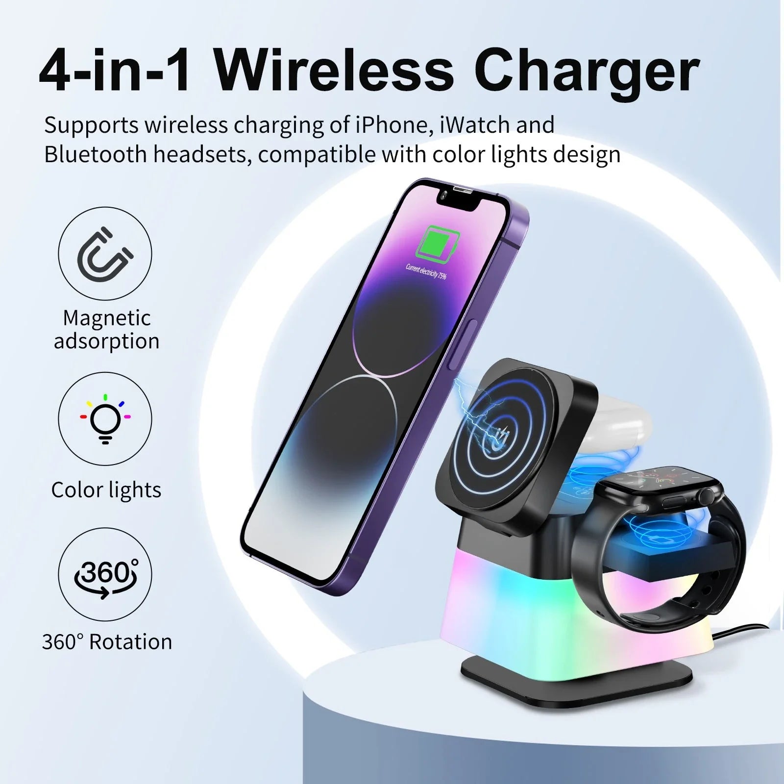 Versatile 4-in-1 wireless charging station with adjustable LED lighting for smartphone, smartwatch, and wireless earbuds