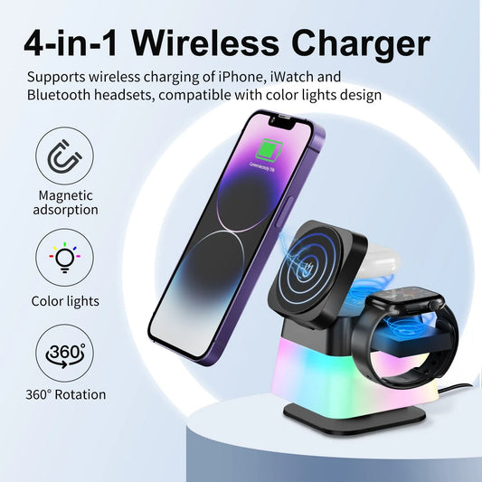 Versatile 4-in-1 wireless charging station with adjustable LED lighting for smartphone, smartwatch, and wireless earbuds