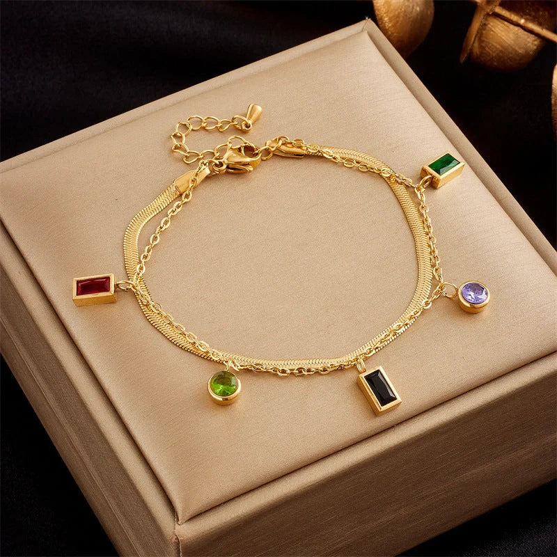 Gold plated punk fashion double layer bracelet with snake chain design