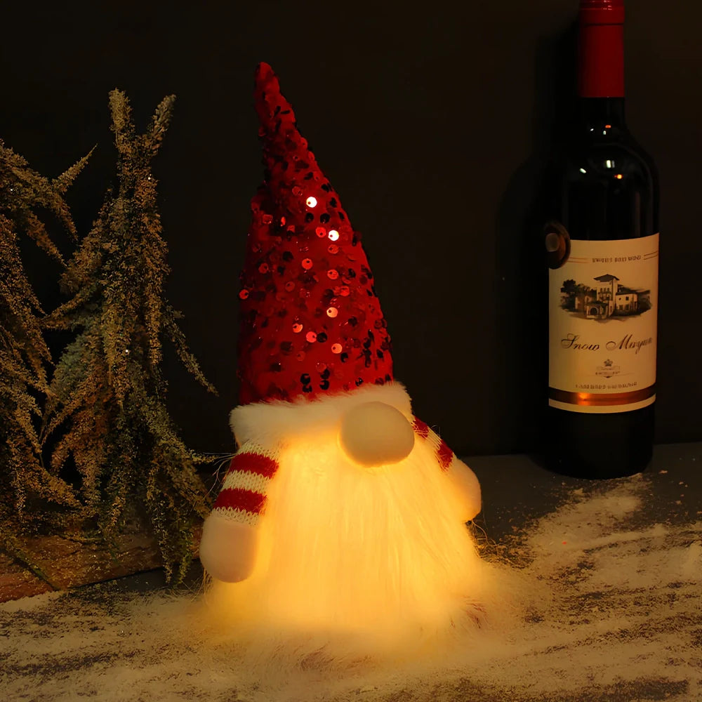 Glowing faceless doll ornament in red sequin cap, 10x10x30cm European style with cloth and plastic materials