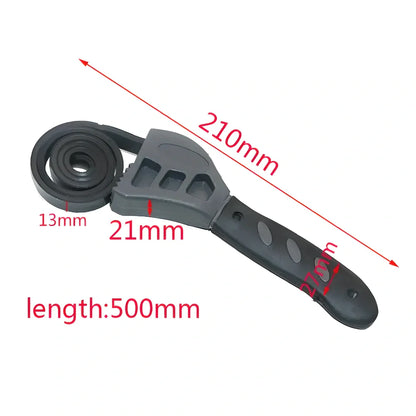 Versatile adjustable constricting wrench with rubber-polymer strap for secure gripping on a variety of objects