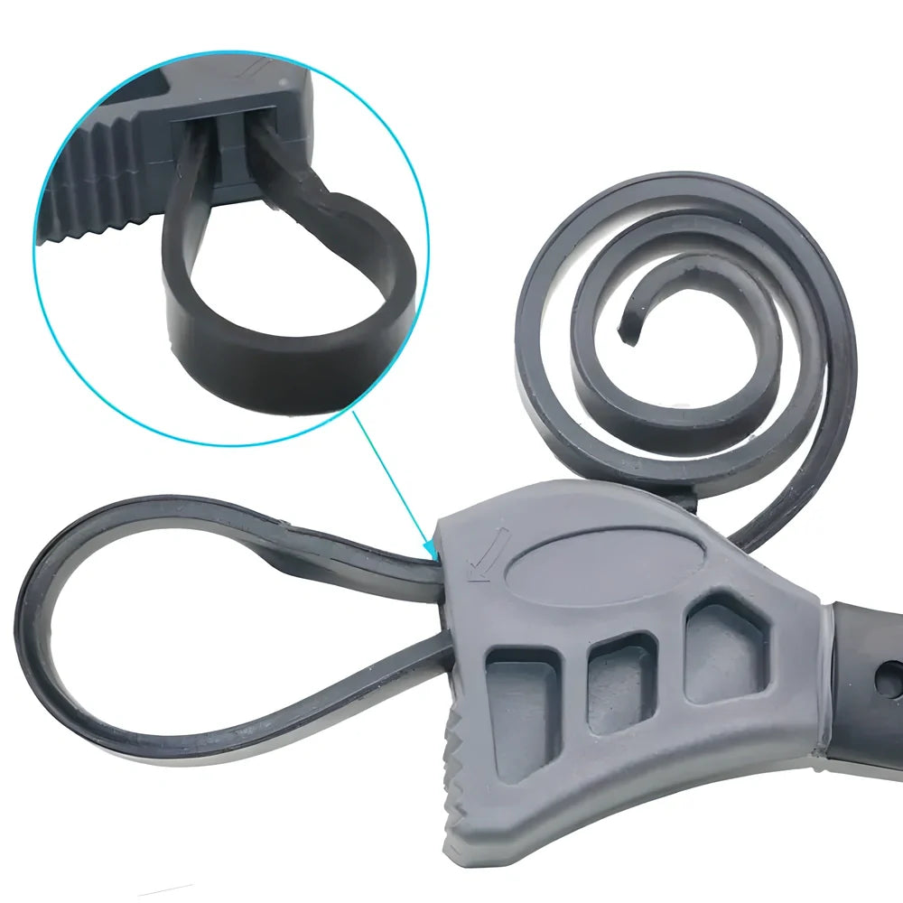 Versatile adjustable constricting wrench with rubber-polymer strap for secure gripping on a variety of objects