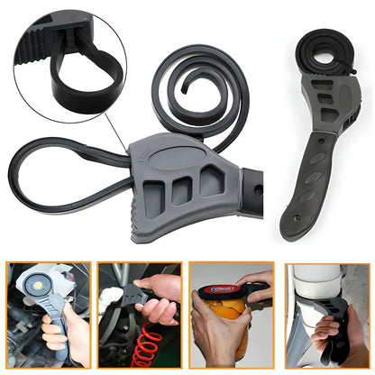 Versatile adjustable constricting wrench with rubber-polymer strap for secure gripping on a variety of objects
