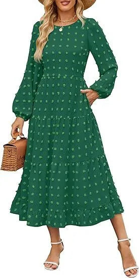 Autumn long sleeve dress with ruffled sleeves and high waist design in various colour options