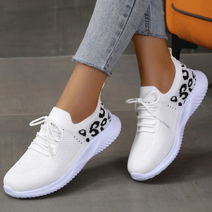 Women's leopard print lace-up sneakers with medium heel and breathable net cloth upper
