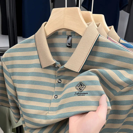 Men's striped mosaic pattern short sleeve casual top in blue, showing size label and fabric detail