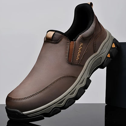 Men's casual leather-style shoes with rubber soles in dark brown, black, or grey colours