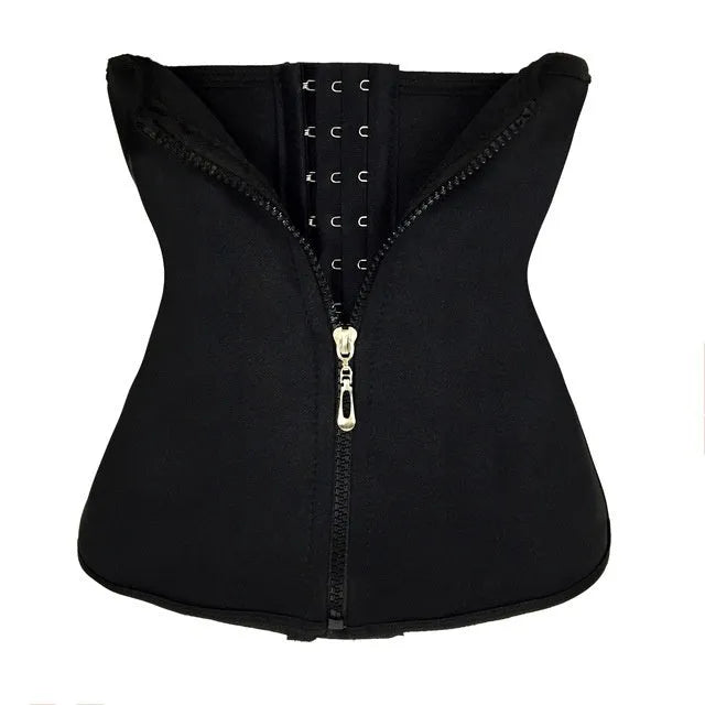 Neoprene belly band body shaping corset in black, shown wrapped for abdominal support during exercise