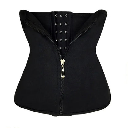 Neoprene belly band body shaping corset in black, shown wrapped for abdominal support during exercise