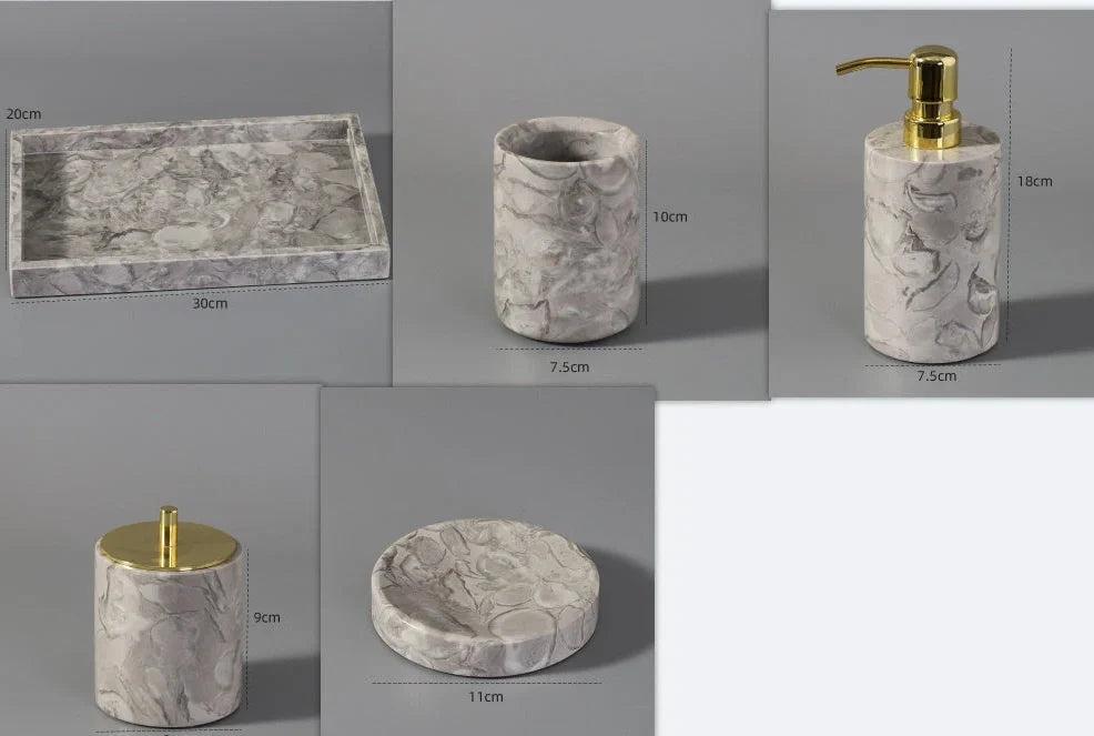 Bawang flower marble bathroom set with tissue box, 30x20cm tray, and lotion bottle in white veined stone