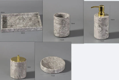 Bawang flower marble bathroom set with tissue box, 30x20cm tray, and lotion bottle in white veined stone