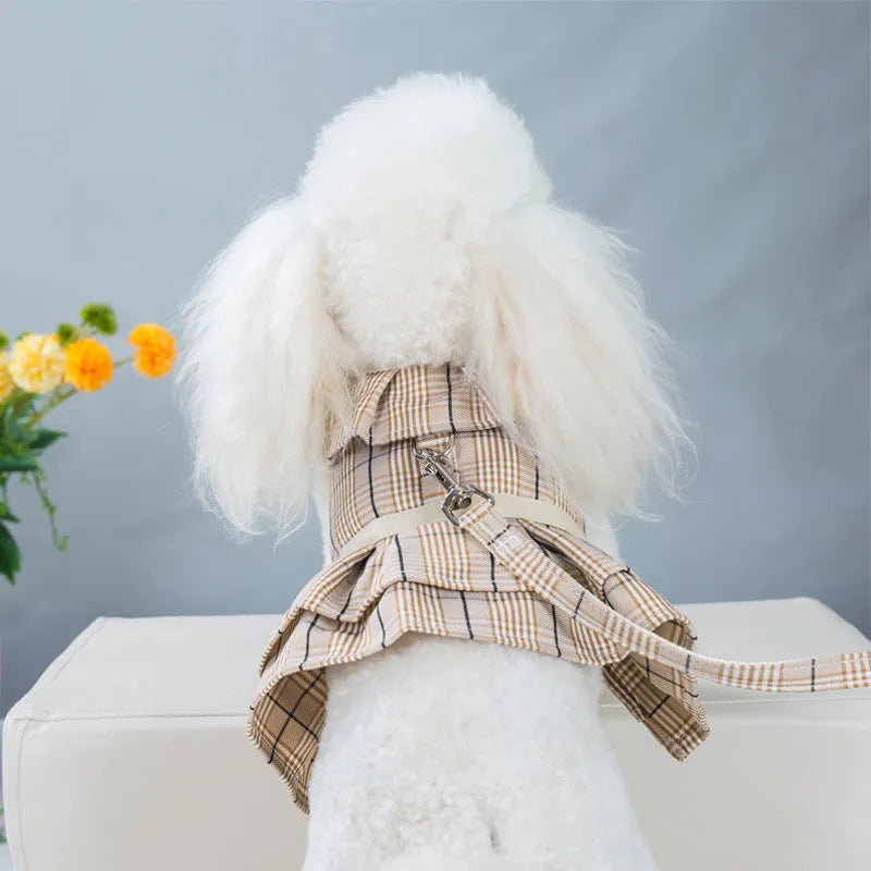 Chest strap hand holding rope pet product vest style dog harness with included matching leash for milky white or purple skirt colour option, available in S, M, L, XL sizes with adjustable polyester construction for secure walking control and comfort