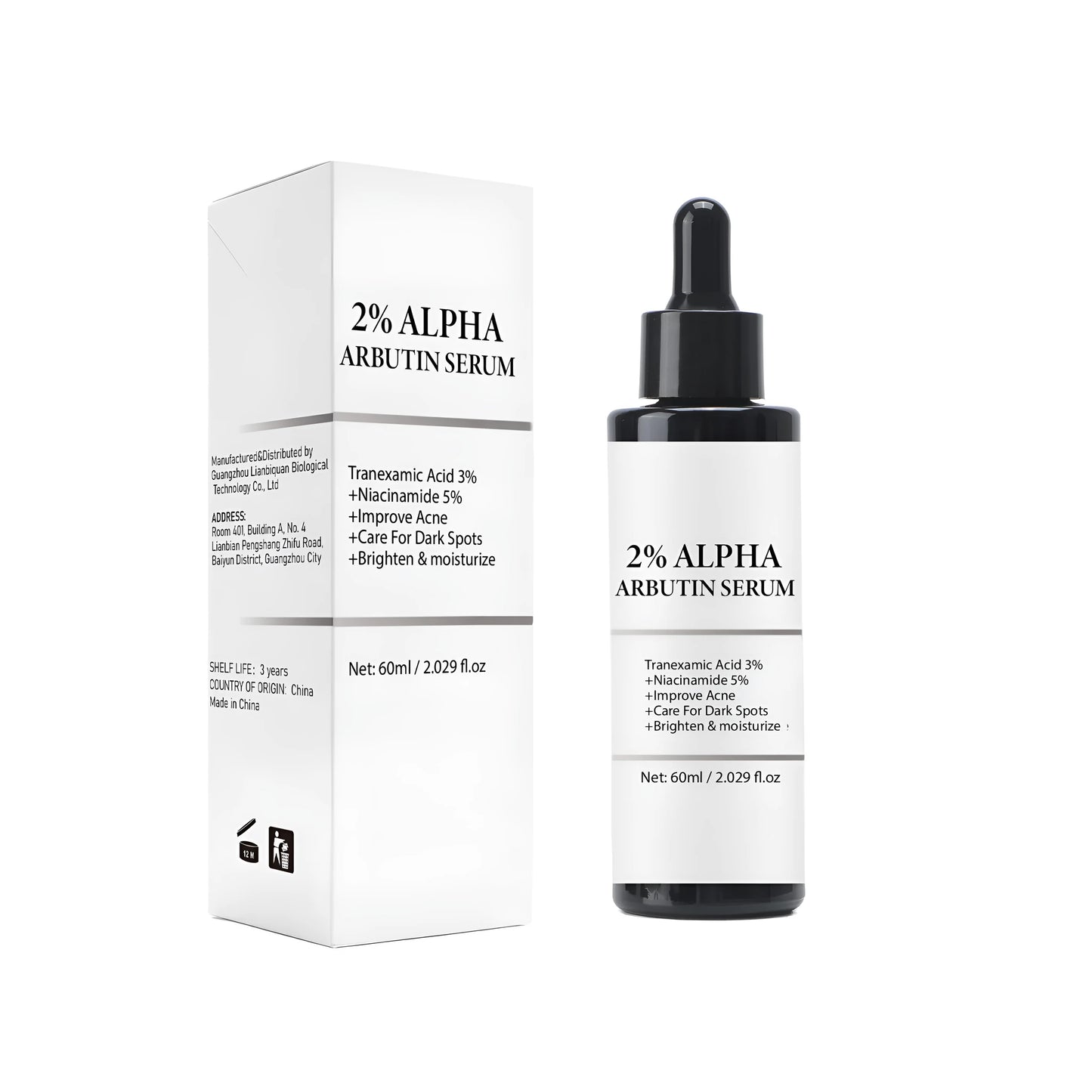 Alpha-arbutin care solution bottle in FPB009 packaging measuring 38mm x 38mm x 134.5mm