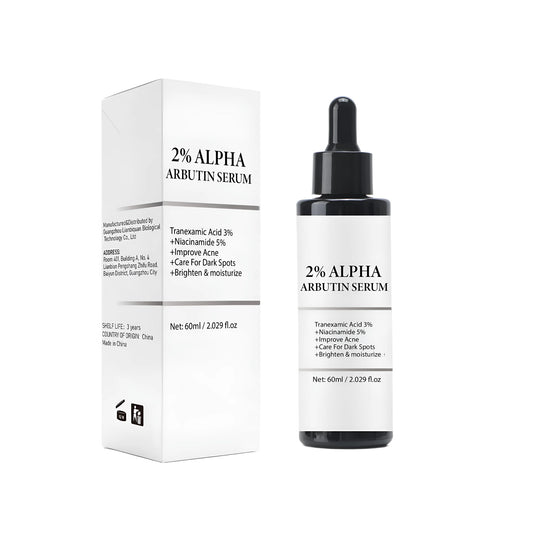 Alpha-arbutin care solution bottle in FPB009 packaging measuring 38mm x 38mm x 134.5mm