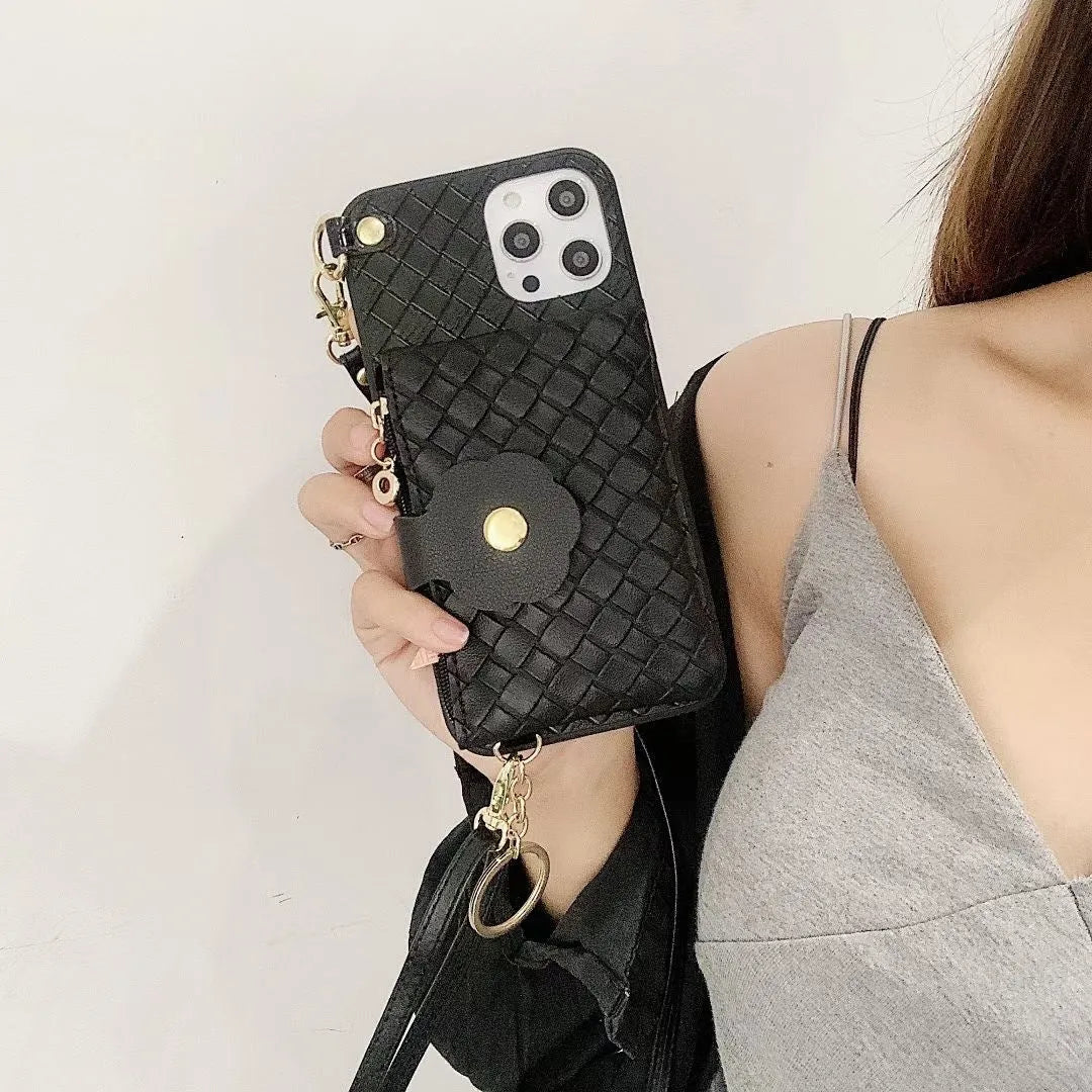 Braided lanyard iPhone case with coin purse in black or green, PU and TPU back cover, handmade