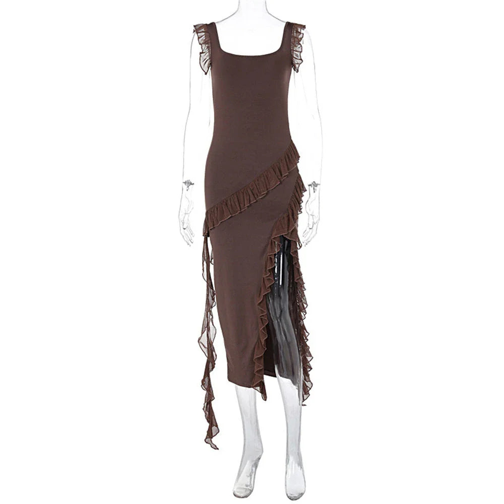 Chic spaghetti strap maxi dress with thigh-high slit in various colors