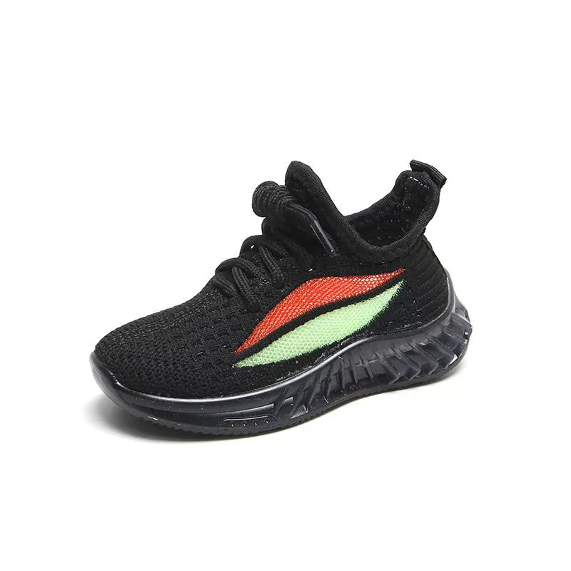 Children's breathable woven sports shoes in white, black, and pink colors