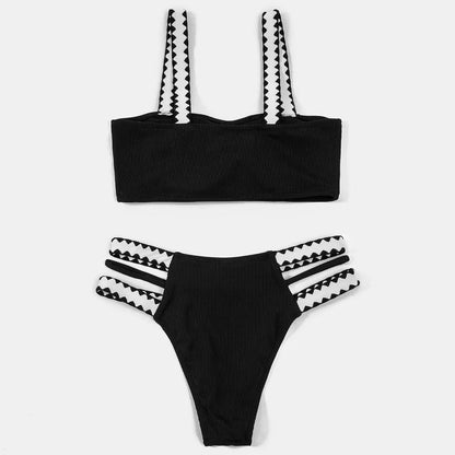 Black hollowed-out split briefs swimsuit for women made from polyester fabric