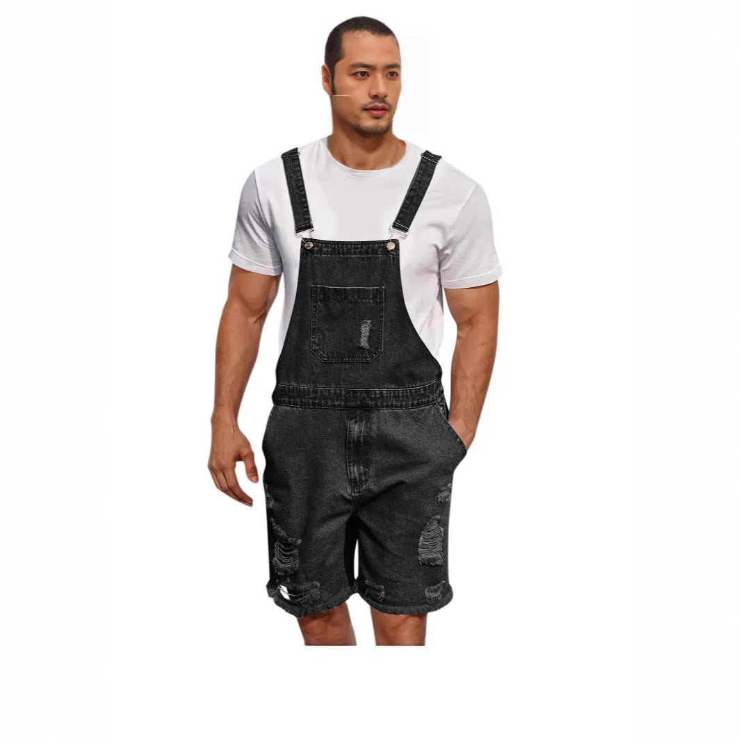 Men's dark blue denim suspender shorts with a straight leg and mid-waist fit on a hanger.