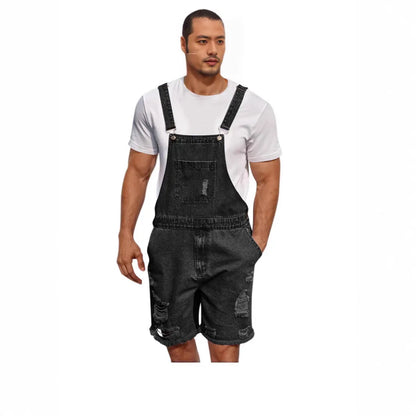 Men's dark blue denim suspender shorts with a straight leg and mid-waist fit on a hanger.