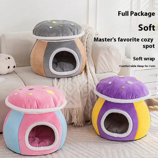 Grey mushroom-shaped cat bed with detachable thermal blanket showing 2.5cm thick plush interior
