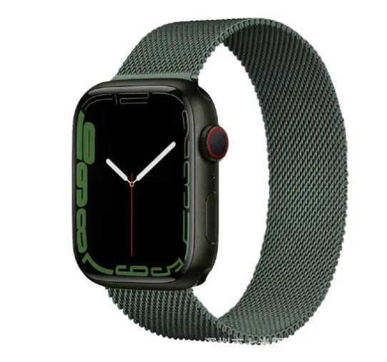 Stainless steel metal link strap for Apple Watch on a wrist, showing deployment clasp and polished finish