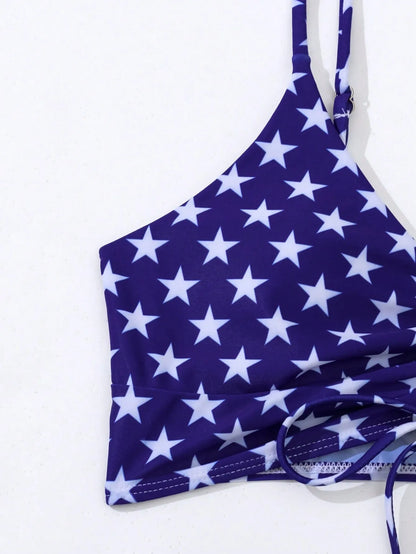 Women's blue and red Stars and Stripes high waist boxer swim shorts with a white drawstring.