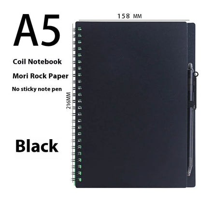 Coil-bound erasable notebook with stone paper pages and multiple cover colour options