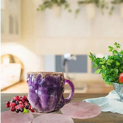 400ml resin mineral crystal coffee mug with handle in assorted colours including purple, blue, and pink.