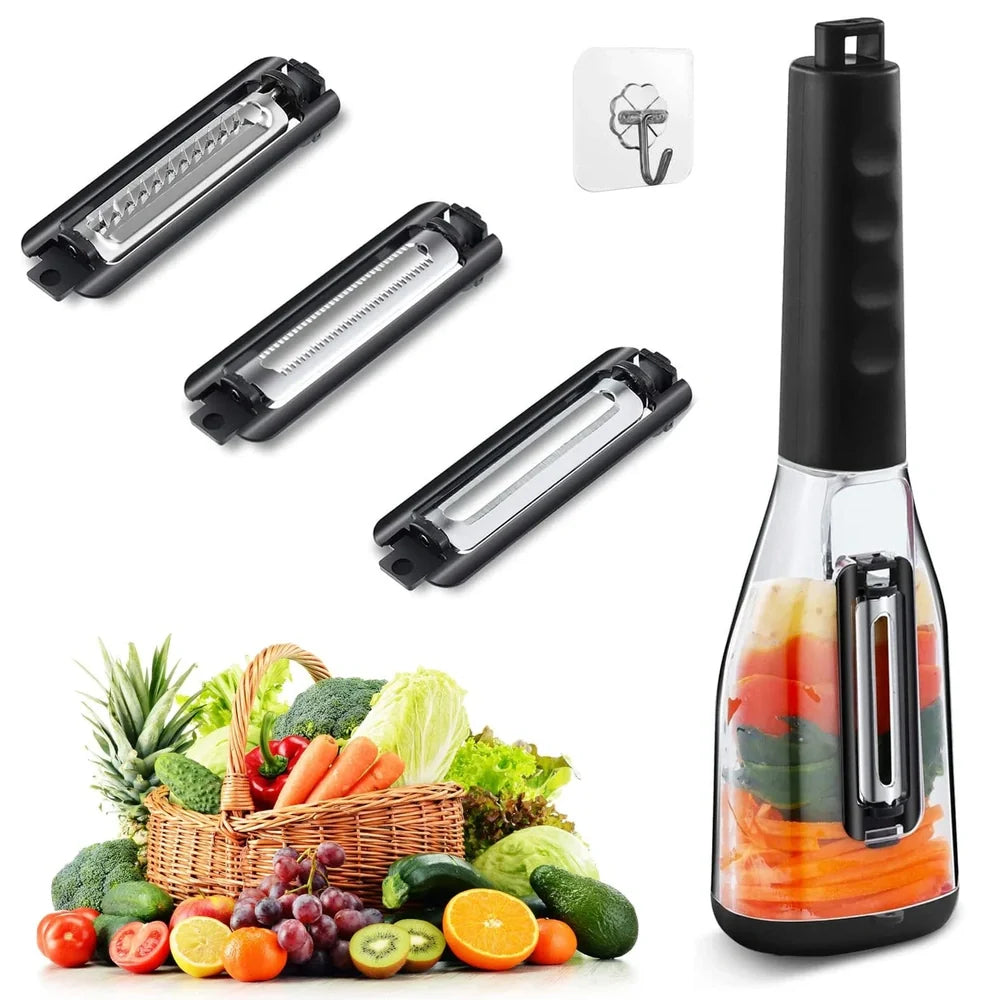 Red multifunctional peeling knife with 22cm stainless steel blade and protective storage tube for kitchen use