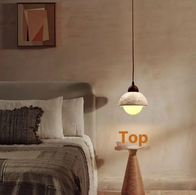 Retro yellow cave stone pendant light with iron body and yellow marble lampshade, hanging wire LED bedside chandelier