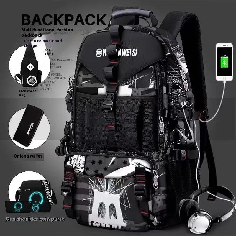 Men's black waterproof Oxford cloth hiking backpack with air pillow shoulder straps showing 56-75L capacity