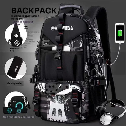 Men's black waterproof Oxford cloth hiking backpack with air pillow shoulder straps showing 56-75L capacity