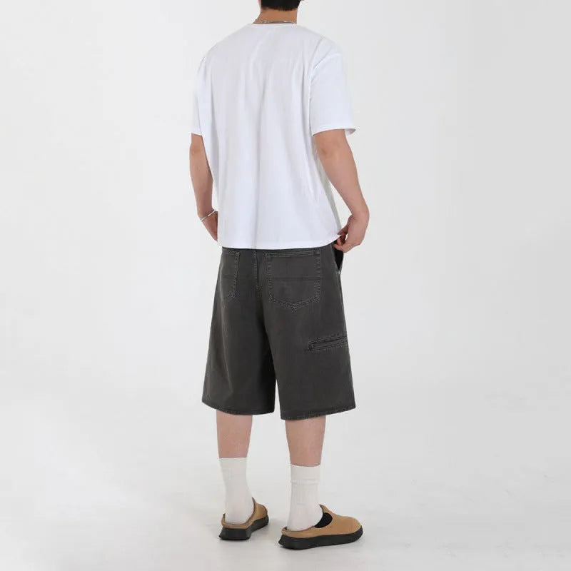 Men's Denim Shorts Loose Fit Mid Waist Zip Fly Grey Cropped Workwear Casual Summer Shorts Sizes M L XL 2XL