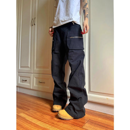 Double zipper workwear casual pants in green cotton fabric with pocket and elastic waist