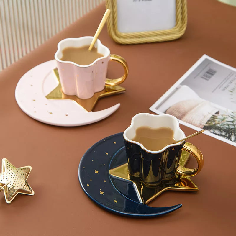 Ceramic cup set with star and moon saucer, 120ML capacity, porcelain material