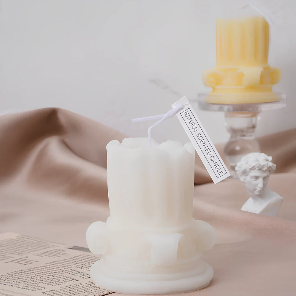 Roman pillar scented candle measuring 8.5cm tall with 7cm diameter, handmade from 160g soy wax