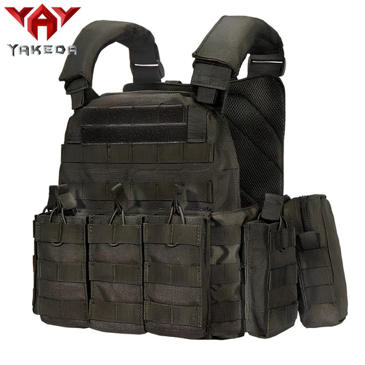 Combat camouflage tactical vest with adjustable waist showing 600D polyester construction and multiple pattern options