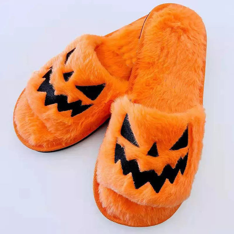 Women's Halloween winter slippers with rabbit fur uppers and PU soles in purple, black, pink, or orange.
