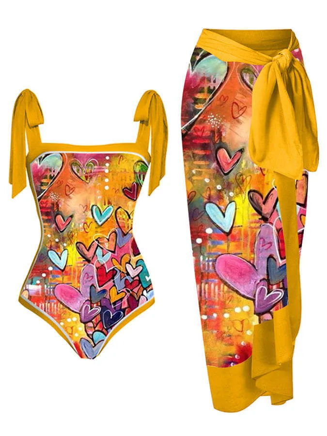 Women's floral printed two-piece swimsuit with chiffon hip skirt in multiple colour options