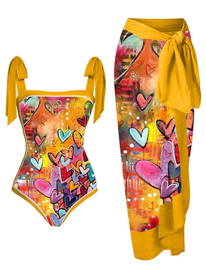 Women's floral printed two-piece swimsuit with chiffon hip skirt in multiple colour options